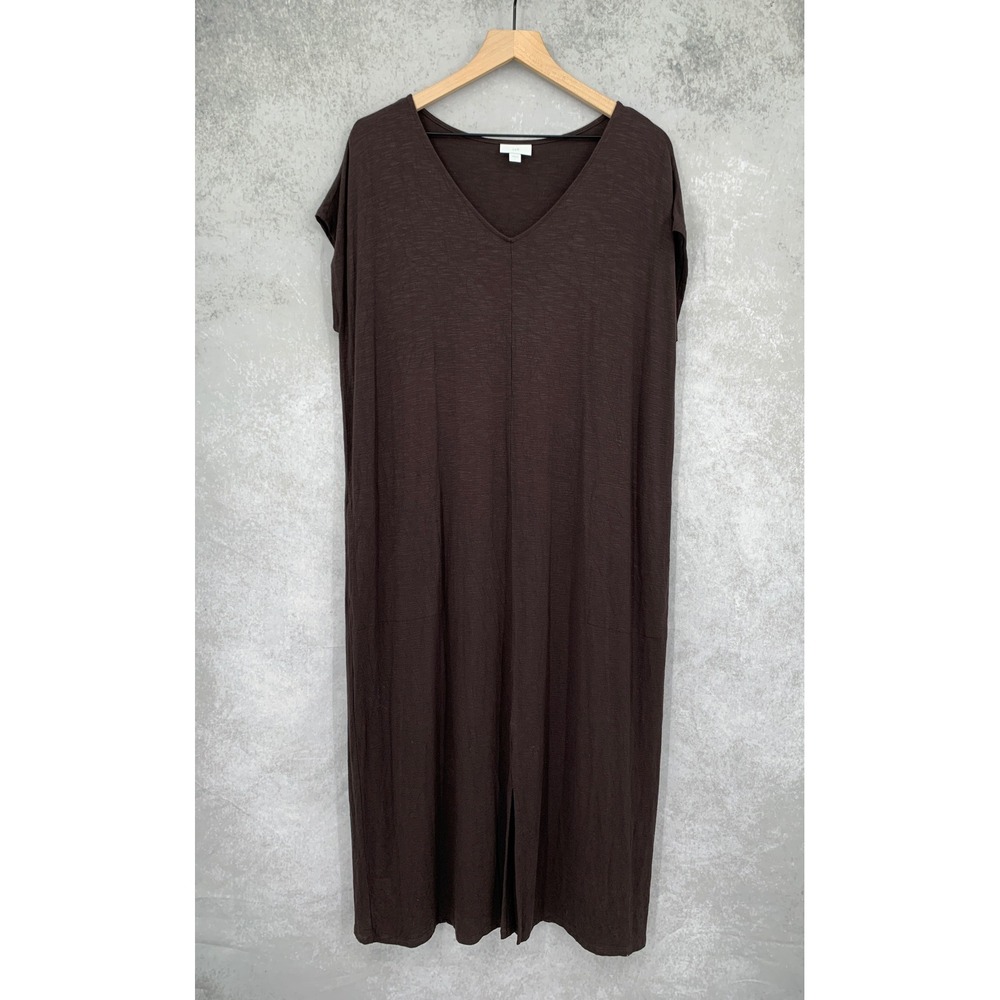 J Jill Maxi Dress Women Large Brown V-Neck Slub Knit Pockets Slit Casual